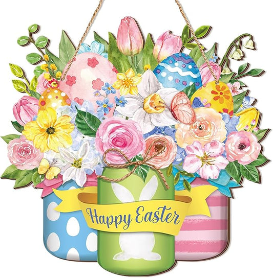 Spiareal Easter Wooden Hanging Door Sign - Floral Spring Decor for Front Door, Indoor/Outdoor Rustic Easter Party