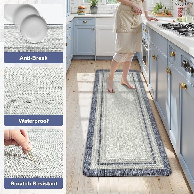 KIMODE Anti Fatigue Kitchen Mats for Floor, Farmhouse Rugs for Kitchen Floor, Cushioned Kitchen Floor Mat Non Slip, Comfort Memory Foam Standing Mat for Laundry Office Sink Desk Blue 24"x59"