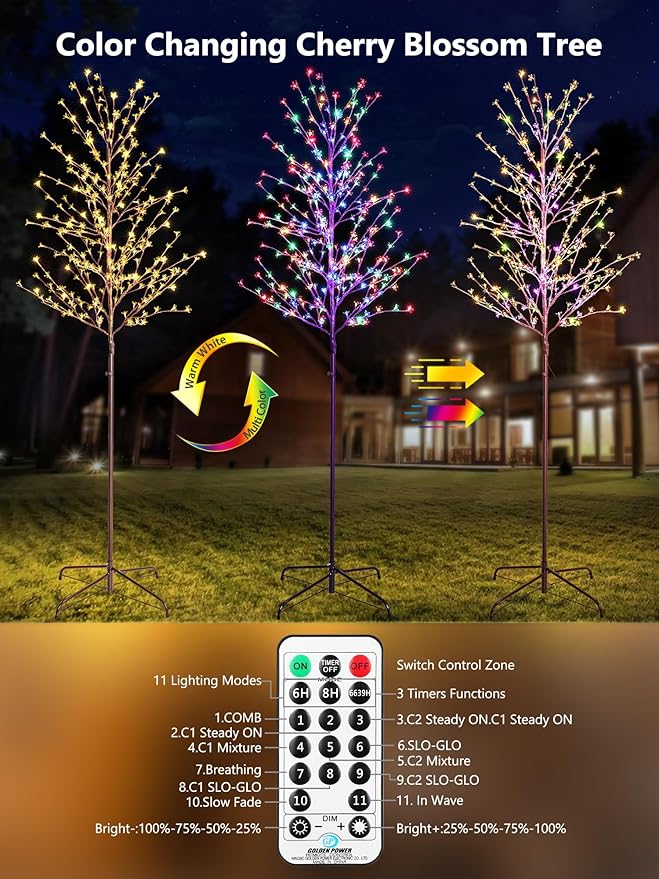 Lomotech Lighted Cherry Blossom Tree - 4Ft 6Ft 7Ft, Set of 3, Color Changing Artificial Tree with 11 Modes Timer for Indoor Outdoor Party Holiday Christmas Decorations(Warm White to Multicolor)