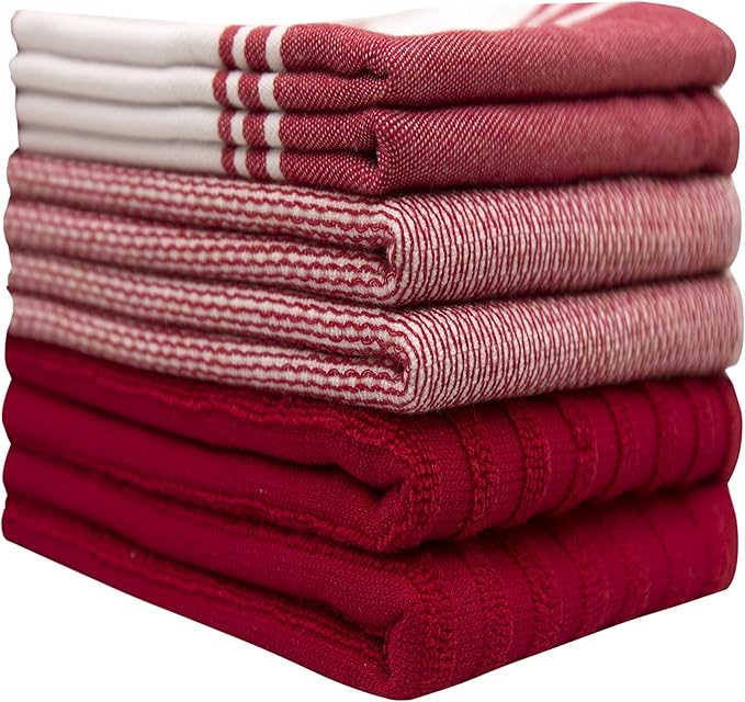 Premium Kitchen Towels (20”x 28”, 6 Pack) – Large Cotton Kitchen Hand Towels – Flat & Terry Towel – Highly Absorbent Tea Towels Set with Hanging Loop (Wide Stripe Red)
