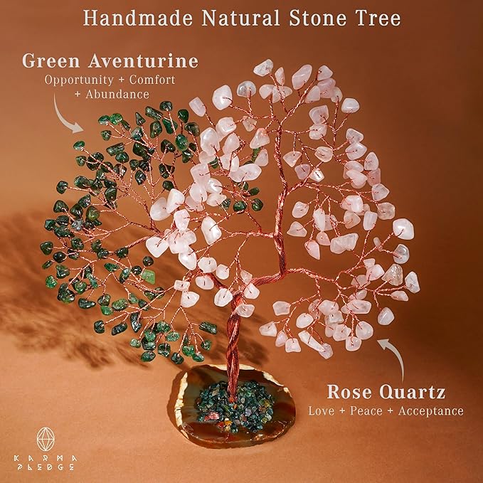 Crystal Tree for Women Office Decor, Handmade Green Aventurine & Rose Quartz Healing Stones Tree of Life for Positive Energy, Money, Good Luck, Feng Shui Home Decor, Spiritual Gifts for Women