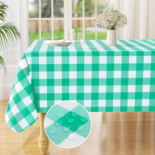 misaya Rectangle Waterproof Vinyl Table Cloth, Buffalo Flannel Backed Tablecloth, Wipeable Plastic Table Cover for Dinner, Kitchen, Outdoor (60" x 120", Green and White)