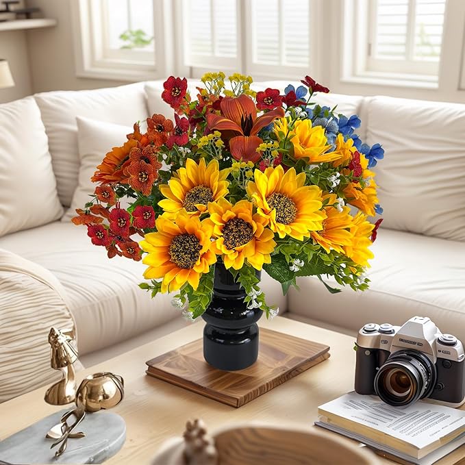 Fake Flowers with Vase, Sunflowers Artificial Flowers, Faux Flowers in Vase for Centerpiece Table Decorations, Fall Fake Plant Silk floral arrangements for Home Coffee Kitchen Dining Table Decor