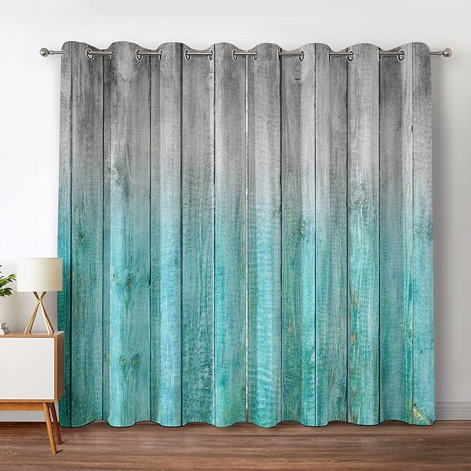 Jekeno Wooden Blackout Curtains Blue Gradient Wood Board of Farmhouse Village Rural Lodge Nature Retro Decor for Home Bedroom Living Room Grommet Window Drapes 2 Panel Set, 42"x63"