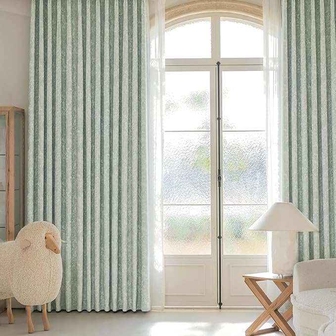 Beauoop Green Floral Jacquard Blackout Curtains 108 Inches Long 2 Panels for Bedroom Living Room Sage Flower Chenille Room Darkening Thermal Soundproof Grommet Window Treatments Drapes, 52x108