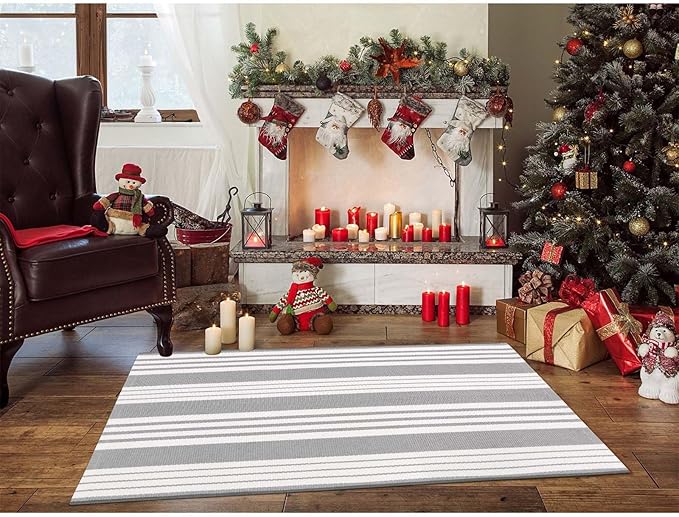 OJIA Outdoor Area Rug 4'x6', Gray and White Outdoor Rug Machine Washable Patio Rugs Cotton Hand Woven Entryway Rug Indoor Outdoor Rugs for Bedroom Living Room Porch Decor Deck Backyard Camping