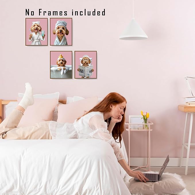 FITIE Funny Cockapoo Bathroom Wall Art Posters Set of 4, Dog Bathroom Decor, Pink Cute Bathrobe Toilet Bathing Cockapoo Dog Canvas Prints Artwork Wall Decor for Bath Wash Room, 8x10 Unframed