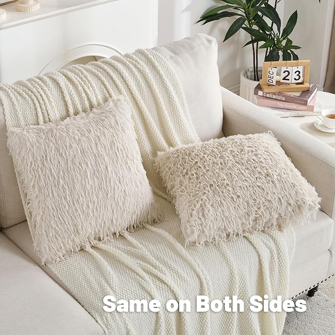 FUTEI Beige Decorative Throw Pillow Covers 22x22 Inch Set of 2,Soft Fluffy Faux Feather Texture Cushion Cases,Modern Home Luxury Decor for Couch Bed Living Room