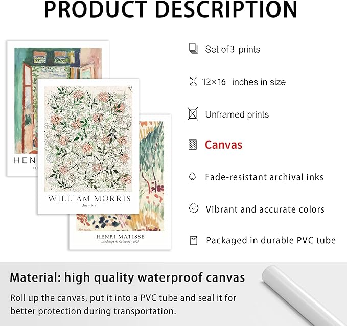 WRFON Unframed Sage Green Botanical Wall Art, Vintage Matisse Flower Market Wall Decor, Retro William Morris Floral Canvas Painting Prints for Gallery Wall, Living Room Bedroom 12"x16"x3