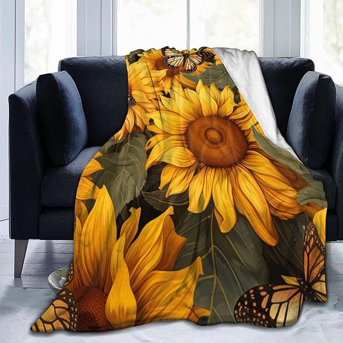 Sunflower Butterfly Blanket Gifts for Grils Women Floral Flannel Throw Blankets for Home Couch Bed Sofa Soft Fuzzy Lightweight Decor All Season 80x60 Inches