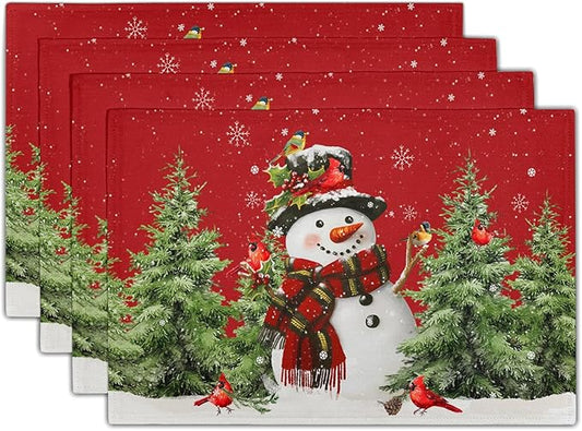 Snowman Placemats 12×18 Inches Set of 4 Holiday Trees Indoor Kitchen Dining Table Place Mats for Home Party Decoration