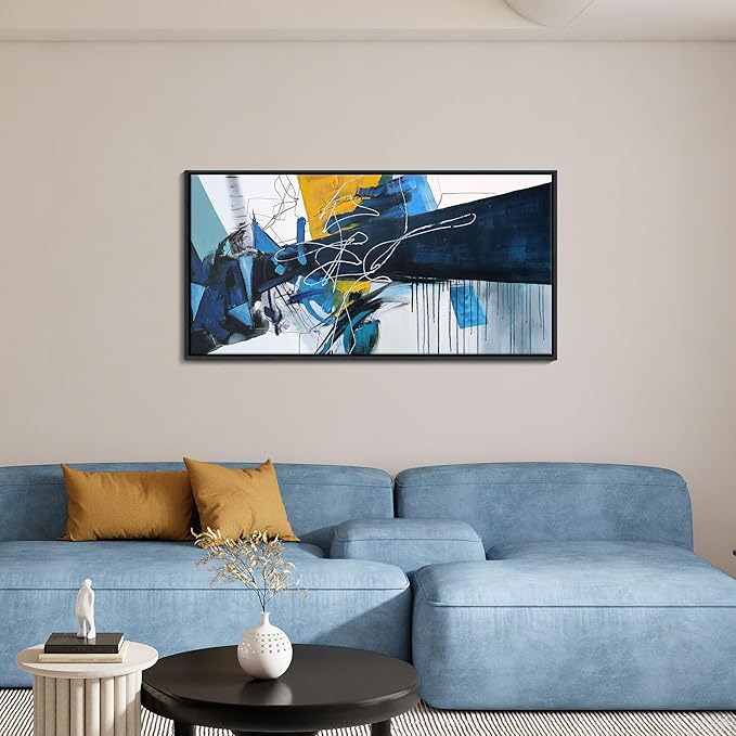 KLAKLA Modern Abstract Canvas Wall Art - Blue and white Framed Wall Decor Living Room Picture Artwork for Office Bedroom Decorative Paintings