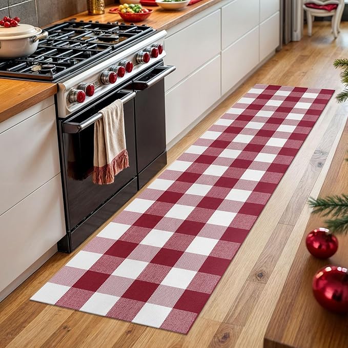 KOZYFLY Buffalo Plaid Rug 2x8 Ft Runners for Hallways Washable Checkered Rug Red and White Christmas Rugs Woven Cotton Kitchen Fall Rug Halloween Decor for Hallway Kitchen Living Room