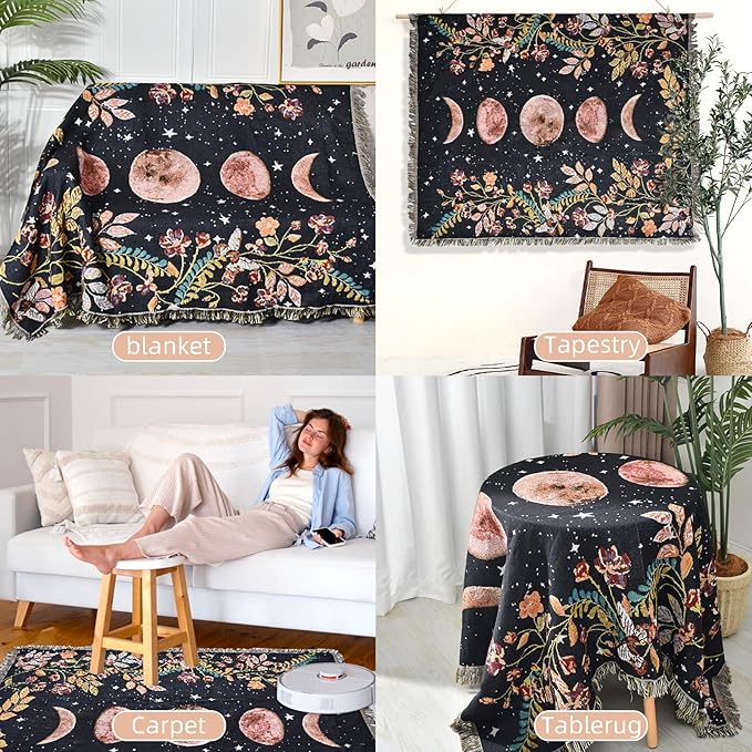 Boho Throw Blanket Reversible Cotton Bohemian Tapestry Hippie Room Decor Double Sided (Lunar Eclipse Black 50"x60")