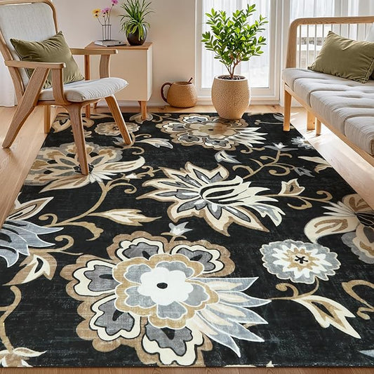 Lahome Floral Black 4x6 Washable Non-Slip Ultra-Thin Soft Accent Stain Resistant Indoor Area Rug - Paisley Print, Carpet for Bedroom, Living Room, Entryway, Kitchen, Laundry