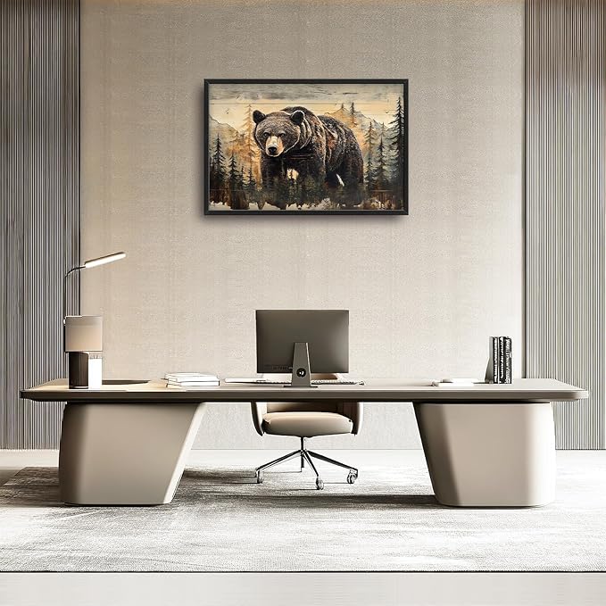 Cabin Wall Art for Living Room, Brown Bear Canvas Wall Decor, Large Wildlife Animal Pictures Framed Painting, Natural Landscape Artwork for Bedroom Office Home Decor 36L'' × 24W''