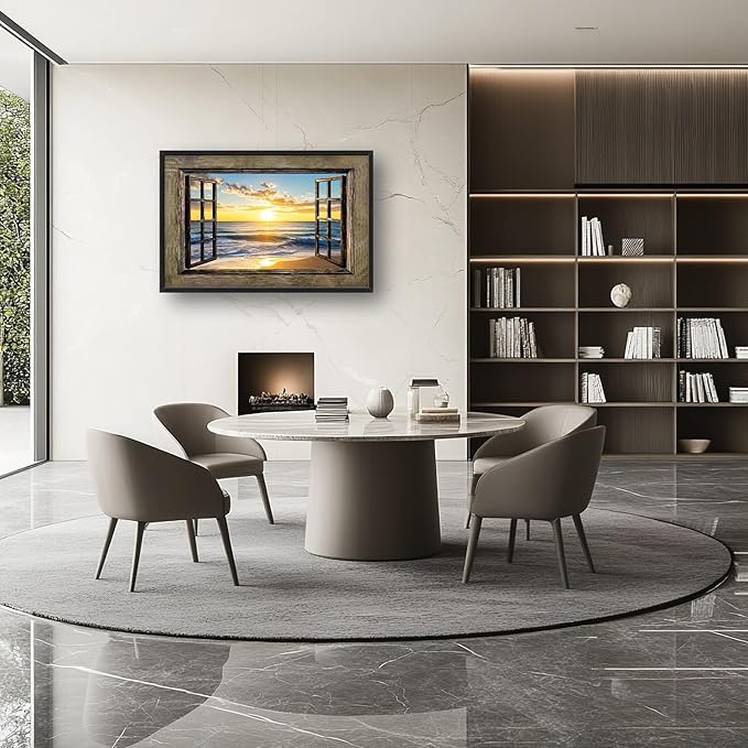 Beach Large Wall Art Sea Coastal Pictures Rustic Window Sunrise Wall Decor Canvas Print Painting Artwork for Bathroom Living Room Bedroom 36L" x 24W"