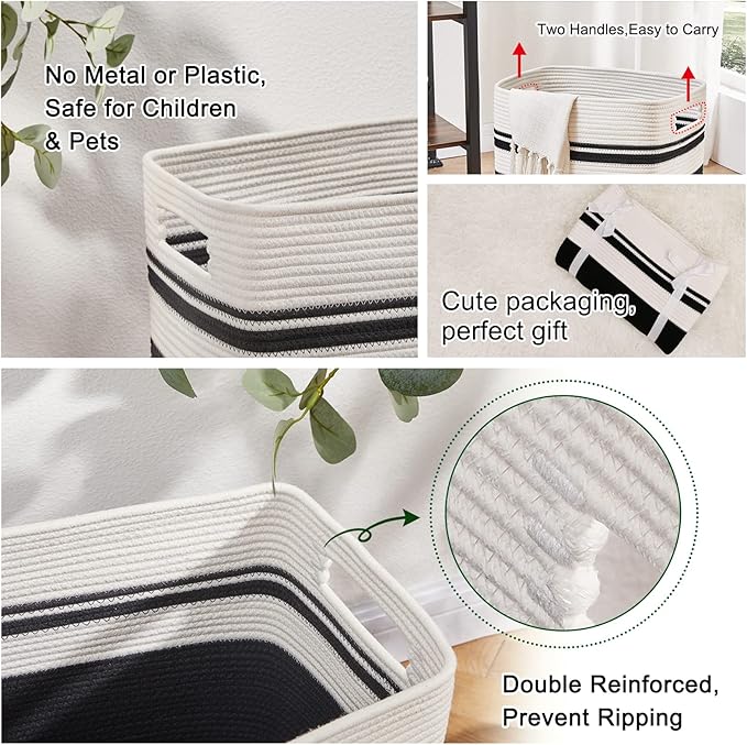 OIAHOMY Laundry Hamper-Laundry Basket,Tall Cotton Storage Basket with Handles,Decorative Blanket Basket for Living room,Collapsible Large Basket for Toys,Pillows,Clothes Organizer-16x13x22in-Black