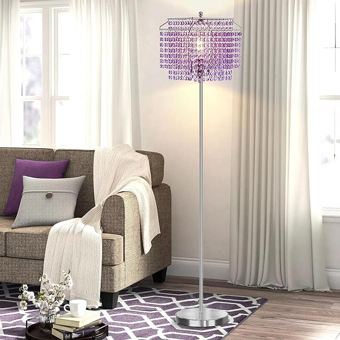 Crystal Floor Lamp Purple, 64" Tall Standing Lamps with Double-Layer Lampshade, Elegant Floor Lamp with On/Off Foot Switch, Standing Lamps for Living Room, Bedroom, Dresser, Office, Bulb Included