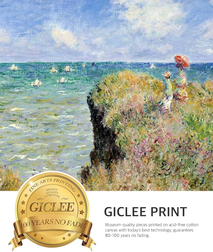 DECORARTS - The Cliff Walk At Pourville by Claude Monet. Classic Art Reproduction, Giclee Print on Canvas. Ready to Hang Framed Wall Art for Wall Decor. Total Size w/Frame: 26x22