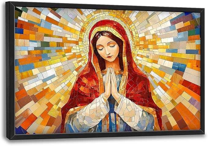 Virgin Mary Wall Art for Living Room, Our Lady of Guadalupe Canvas Wall Decor, Large Jesus Mother Pictures Framed Painting, Catholic Spiritual Artwork for Bedroom Office Home Decor 36L'' × 24W''