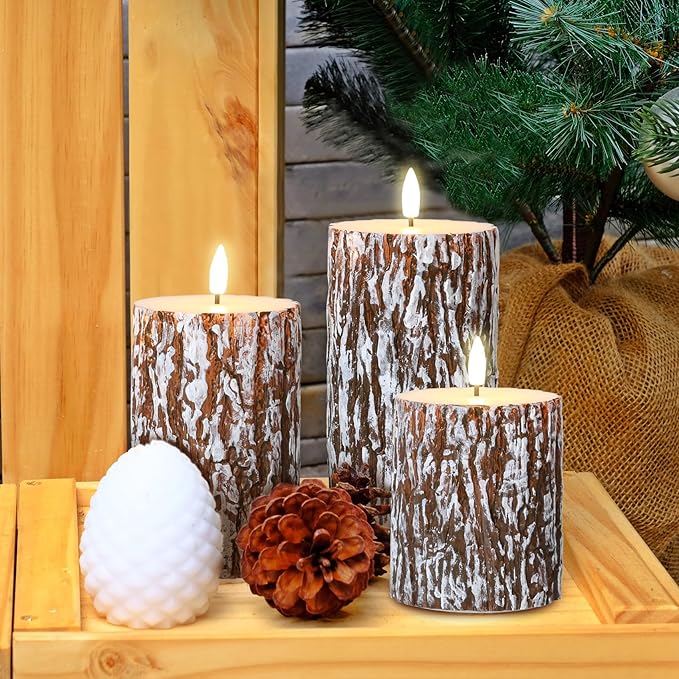 Eywamage Brown Pine Bark Flameless Pillar Candles with Remote, Farmhouse Battery Operated LED Wood Candles Set of 3