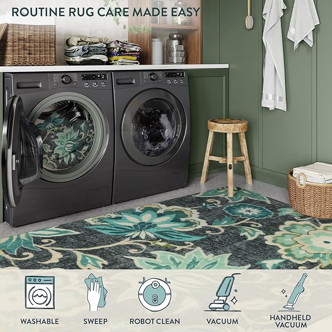 Lahome Floral Area Rug for Living Room - 4 x 6 Rug Washable Non-Slip Soft Rugs for Bedroom Throw Lightweight Boho Dining Room Rug, Blue Paisley Print Indoor Floor Carpet for Office Kitchen Entryway