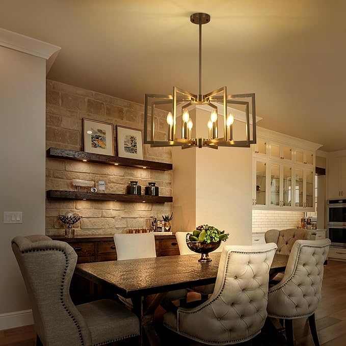 8-Light Modern Farmhouse Brushed Nickel Chandeliers for Dining Room, Large Industrial Kitchen Table Chandelier, Metal Geometric Hanging Light Fixture for Living Room Entryway Foyer Stairway