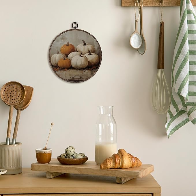 XNXLDYLH Rustic Fall Pumpkin Round Framed Wall Art Decor, Vintage Farmhouse Hanging Wall Decor Decorations, Autumn Fall Canvas Prints Wall Art Pictures Paintings for Bedroom Living Room, 10x10 Inch