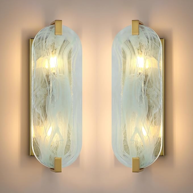 2 Light Oval Green Glass Bathroom Wall Sconce Modern Concise Style Wall Light Fixture,Brushed Bronze Finish for Bedroom Hallway Bedside