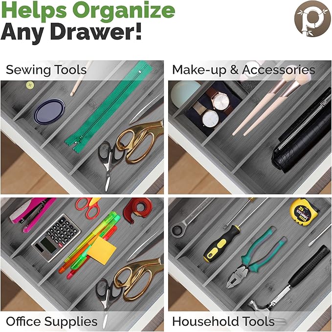 5-Slot Drawer Organizer - Kitchen and Utensil Organizer - Cutlery Tray - Flatware and Silverware Holder - Gray