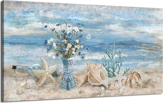Large Canvas Wall Art for Living Room Seaside Painting Blue Sea View Ocean Theme Abstract Seascape Framed Artwork Coastal Beach Home Decor Daisy Flower in Indian Vase Picture Poster Print 24x48inch