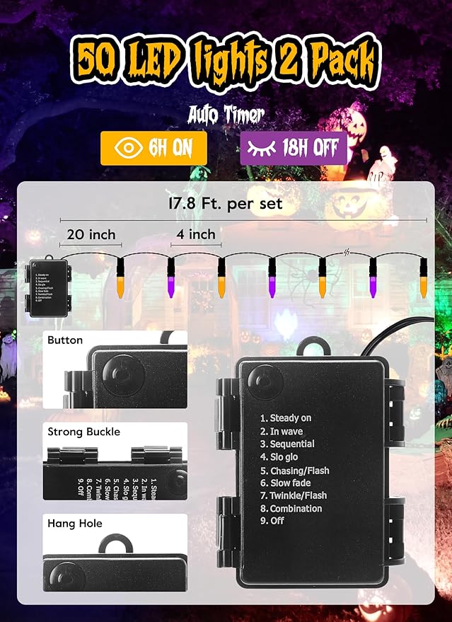 Halloween Orange Purple Outdoor Lights，17.8 Feet 50 LED Christmas Lights with 8 Modes，Waterproof Mini String Lights Battery Operated for Outdoor Indoor Use, Xmas Halloween Tree Holiday Party Patio