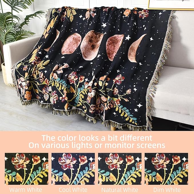 Boho Throw Blanket Reversible Cotton Bohemian Tapestry Hippie Room Decor Double Sided (Lunar Eclipse Black 50"x60")