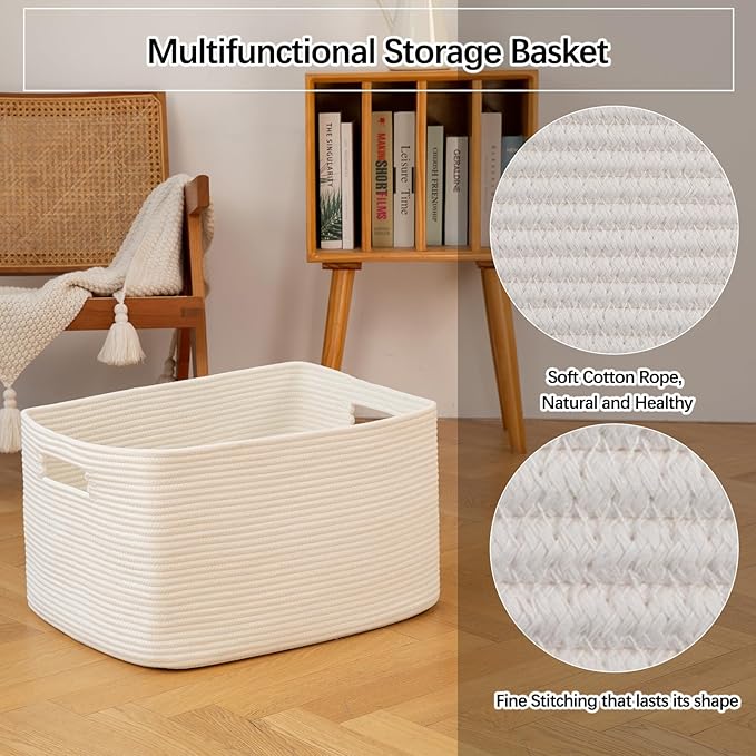 OIAHOMY XXLarge Rectangle Blanket Basket-96L, Cotton Woven Basket for Storage, Dirty Clothes Basket for Living Room, Nursery, Bedroom, Toy Organizing with Handle, 24" x 16" x 15", White