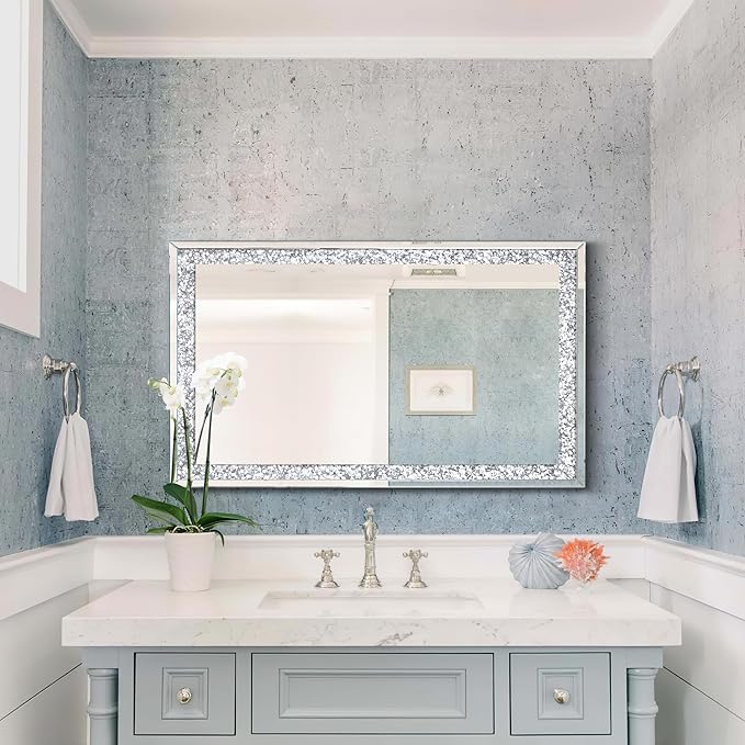 Crystal Crush Diamond Mirror-46.5"x31" Silver Mirror, Gorgeous Wall Mirror, Rectangle Mirrors for Wall Bathroom, Bedroom, Dining Room and Living Room