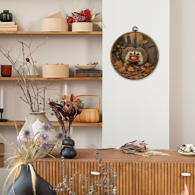 Mcehtle Vintage Fall Hedgehog Wall Art Decor,Rustic Autumn Cottagecore Forest Framed Canvas Prints 10x10, Animal Wildlife Maple Leaves Round Wall Hanging Artwork Decorations for Home Bedroom Gallery