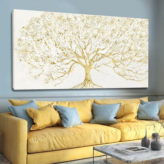 GAIDUOMAI Modern Abstract Tree Painting on White Background Gold Minimalist Art work for Bedroom Office Posters Entryway Wall Decor 24x48 Inch