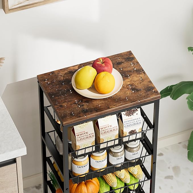 Fruit Vegetable Cart, 5-Tier Snack & Kitchen Cart on Wheels with Storage, Pull-Out Baskets & Wood Top, Rolling Organizer for Pantry, Living Room (Brown)