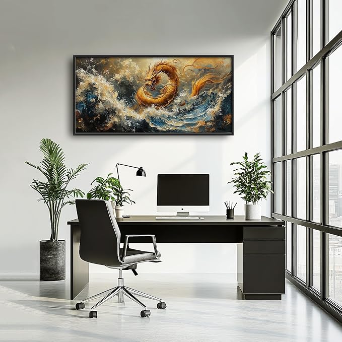 Flintis Large Golden Dragon Framed Wall Art Japanese Waves Pictures Wall Decor Abstract Asian Wild Animal Canvas Painting Print Artworks Framed for Living Room Bathroom Master Bedroom 60L X 30W