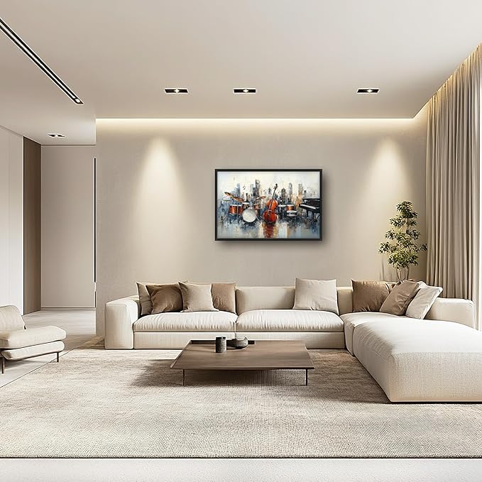 Flintis Large Music Cello Framed Wall Art Musical Piano Pictures Wall Decor Abstract Drums and Basses Canvas Painting Print Artworks Decor Framed for Living Room Bathroom Master Bedroom 36L X 24W