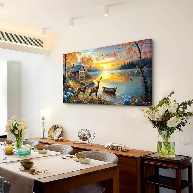 crmotu Rustic Deer Landscape Wall Art, Lake Cottage Pastoral Large Artwork, Nature Autumn Scenery Canvas Prints, Rural Sunset Wall Pictures for Living Room Bedroom Farmhouse Bathroom Decor 24X48 In