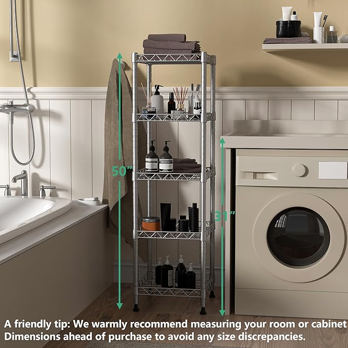 GIOTORENT 5 Tier Standing Shelving Metal Units, Adjustable Height Wire Shelf Display Rack for Laundry Bathroom Kitchen 11.8 W x 11.8 D x 50 H (5-Tier, Grey, Matte/Glossy Finish)