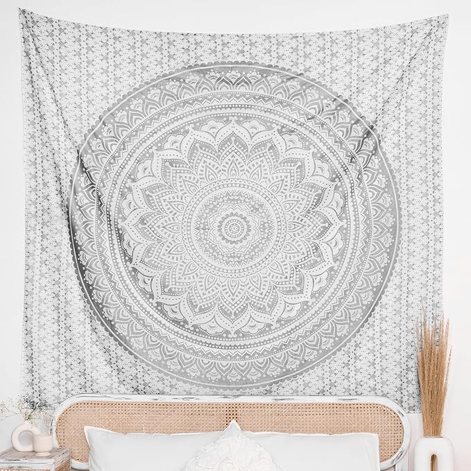 RAJRANG Silver Ombre Mandala Tapestry Cotton Wall Hanging Hippy Tapestries Hippie Beach Throw College Dorm Decor Bohemian Boho Bedsheet 84x90 Inches