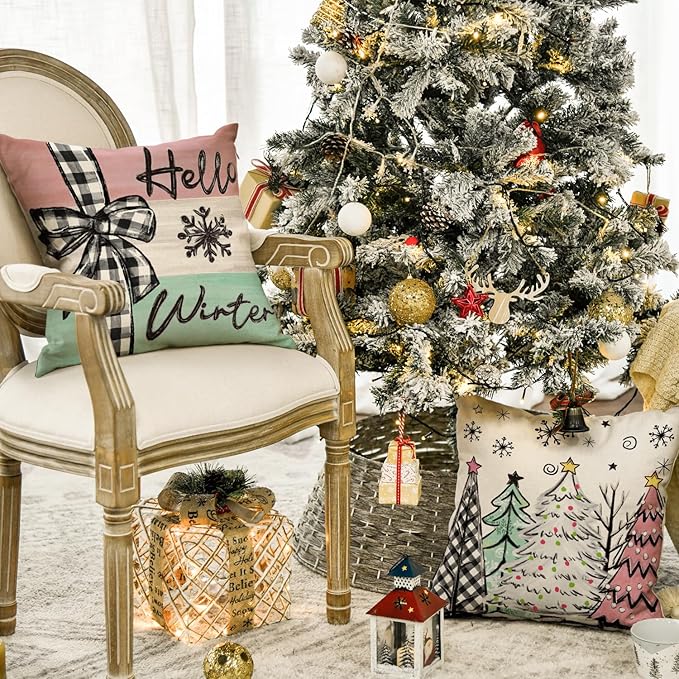 AVOIN colorlife Merry Christmas Joy Xmas Trees Colorful Throw Pillow Covers, 18 x 18 Inch Christmas Winter Holiday Cushion Case Decoration for Sofa Couch Set of 4