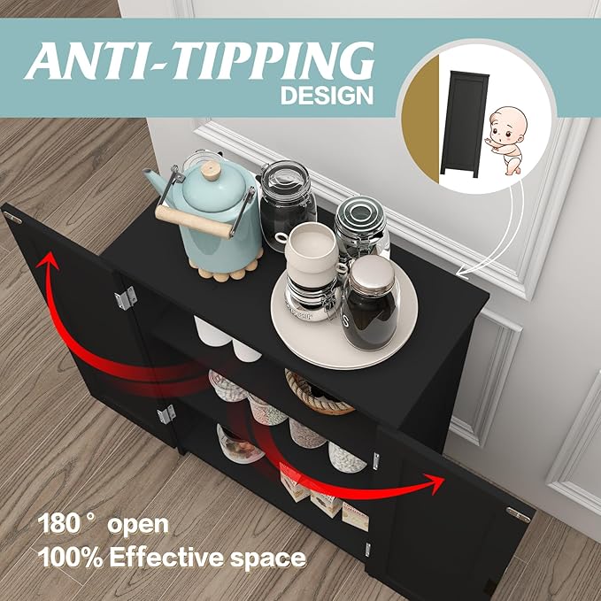 TaoHFE Black Freestanding Bathroom Cabinet with 2 Doors - Towel & Small Storage for Bathroom, Restroom, Office, Restaurant, Living Room