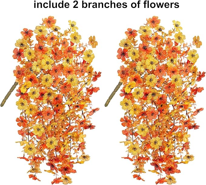 Artificial Flowers for Fall Outdoors Decoration, 2Pcs Fake Fall Light Orange & Yellow Hanging Flowers, Faux Autumn Decor for Porch Patio Balcony Planter, Realistic Arrangement