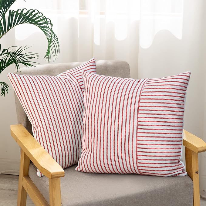 YCOLL Christmas Pillow Covers 16x16, Modern Accent Square Throw Pillow Covers Set of 2, Red and Beige Striped Patchwork Linen Decorative Pillows Cushion Covers for Christmas Decorations