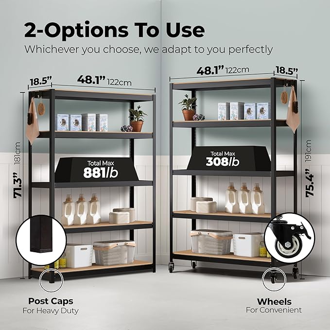 HOMEDANT House 5-Tier Metal Boltless Rolling Cart Shelf Rack Casters Heavy Duty Wheel Shelving Unit Adjustable Utility Storage Shelves Organizer Shelf Kitchen Garage 48.1" W x 18.5" D x 75.4" H 4Pack