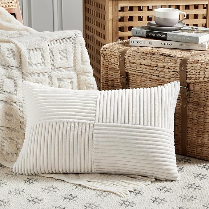 Fancy Homi 4 Packs Cream White Lumbar Decorative Throw Pillow Covers 12x20 Inch for Couch Bed Sofa, Rustic Farmhouse Boho Home Decor, Soft Striped Corduroy Rectangle Accent Cushion Case 30x50 cm